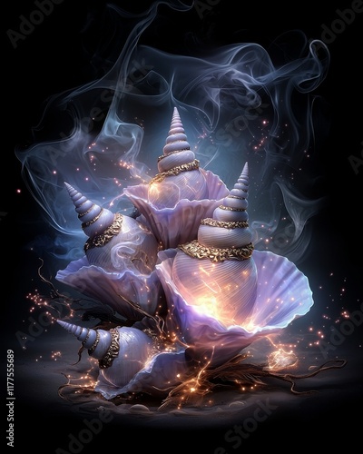 Magical Glowing Seashells Fantasy Art Mystical Ocean Scene with Sparkling Conches