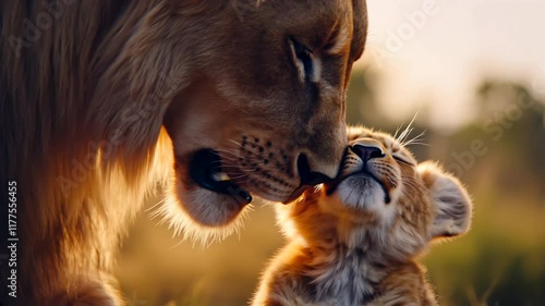 A heartwarming display of love as a lion cub nuzzles against its mother's nose during a serene sunset. This intimate moment captures the bond between them in a natural setting.
