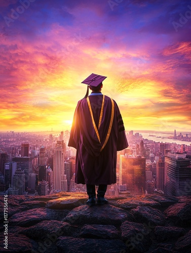 Graduation celebration city skyline inspirational image sunset view future aspirations