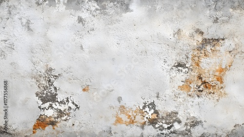 Weathered and Textured Concrete Wall with Flaking Paint and Rust Stains photo