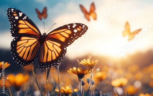 Monarch Butterfly on Yellow Flowers at Sunset Nature Scene Insect Wildlife