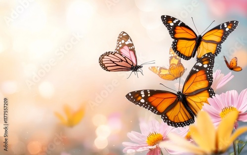 Wallpaper Mural Vibrant Monarch Butterflies Hovering Over Blooming Cosmos Flowers in a Sunny Garden Torontodigital.ca