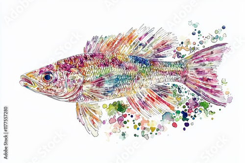 vibrant hand drawn illustration of colorful fish with abstract watercolor splashes photo