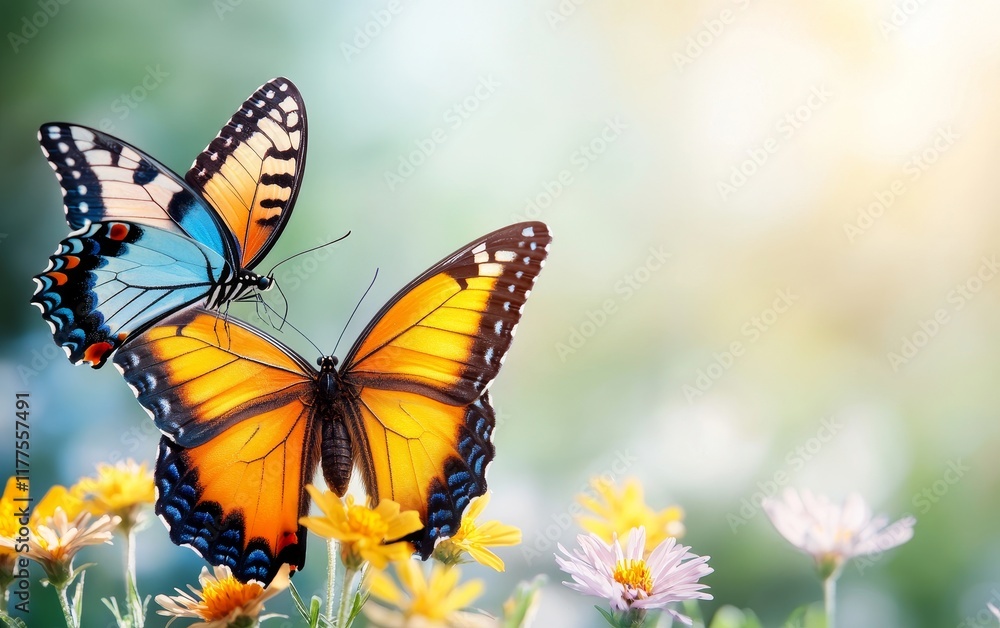 Two Vibrant Butterflies on Yellow Flowers in a Sunny Garden Close Up Two Vibrant Butterflies on Yellow Flowers in a Sunny Garden Close Up