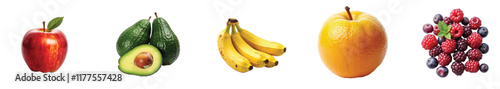 Set of Apple, Bananas, Avocados, Berries, and Orange – Transparent PNG for Fruits and Healthy Food Designs