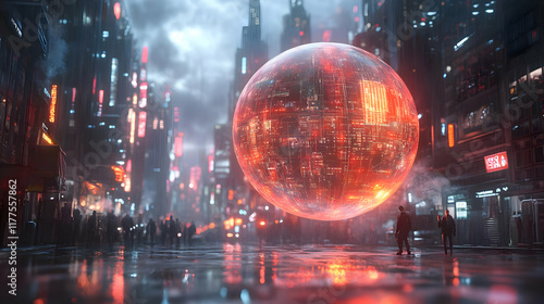 Wallpaper Mural Futuristic cityscape featuring a glowing orb amidst neon lights and rainy streets, symbolizing advanced technology. Torontodigital.ca