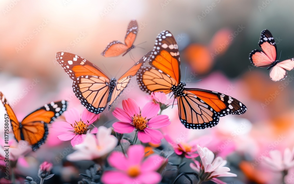Fototapeta premium Monarch Butterflies and Pink Cosmos Flowers in a Vibrant Garden Scene