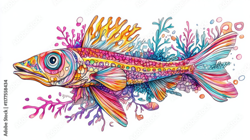 Fototapeta premium vibrant hand drawn illustration of colorful fish surrounded by coral and sea plants