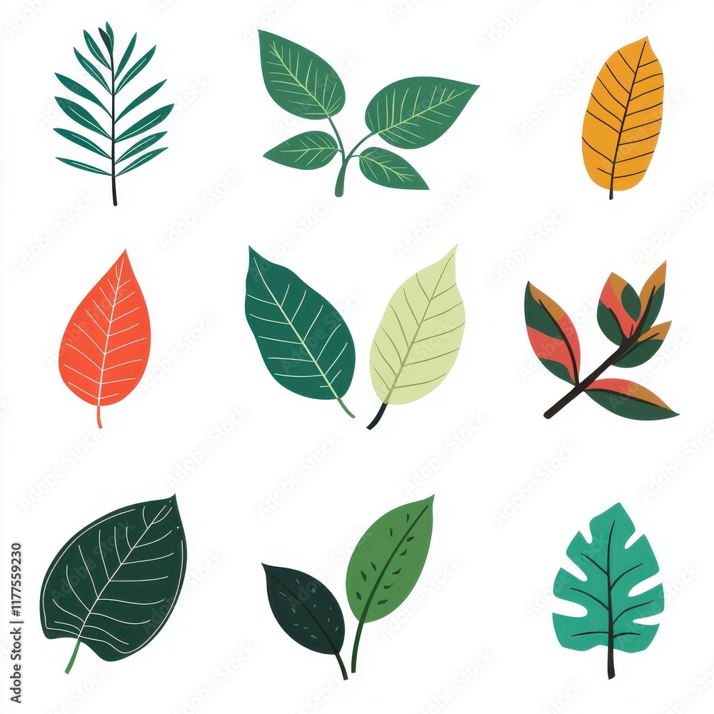 Obraz premium Variety of colorful leaves in a flat design, showcasing nature's beauty and diversity.