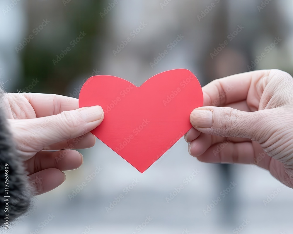 Close-up of hands exchanging a red heart-shaped card, valentine's day, expressing love and connection