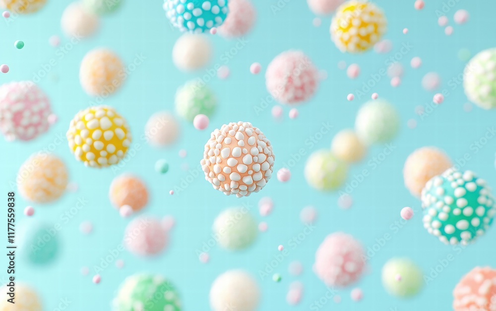 Light mint background with truffles in soft rainbow colors gently floating mid-air Light mint background with truffles in soft rainbow colors gently floating mid-air