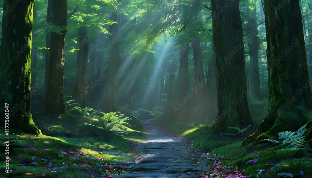 Obraz premium Tranquil Forest Pathway Surrounded By Towering Trees