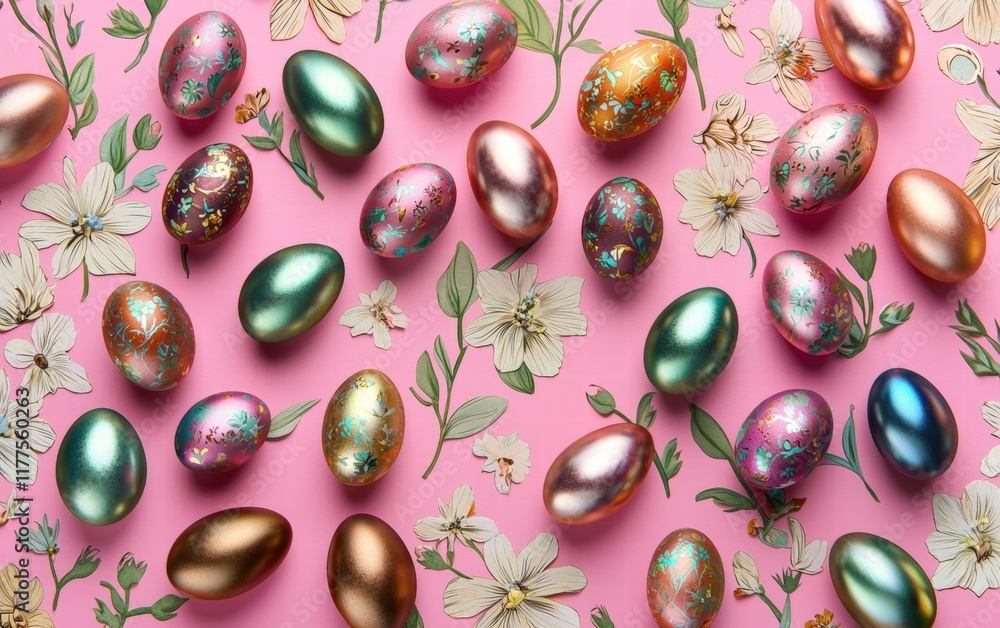 Metallic pastel eggs scattered on a radiant pink background with floral elements Metallic pastel eggs scattered on a radiant pink background with floral elements