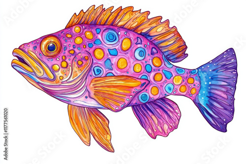 vibrant hand drawn illustration of colorful spotted fish with intricate patterns photo