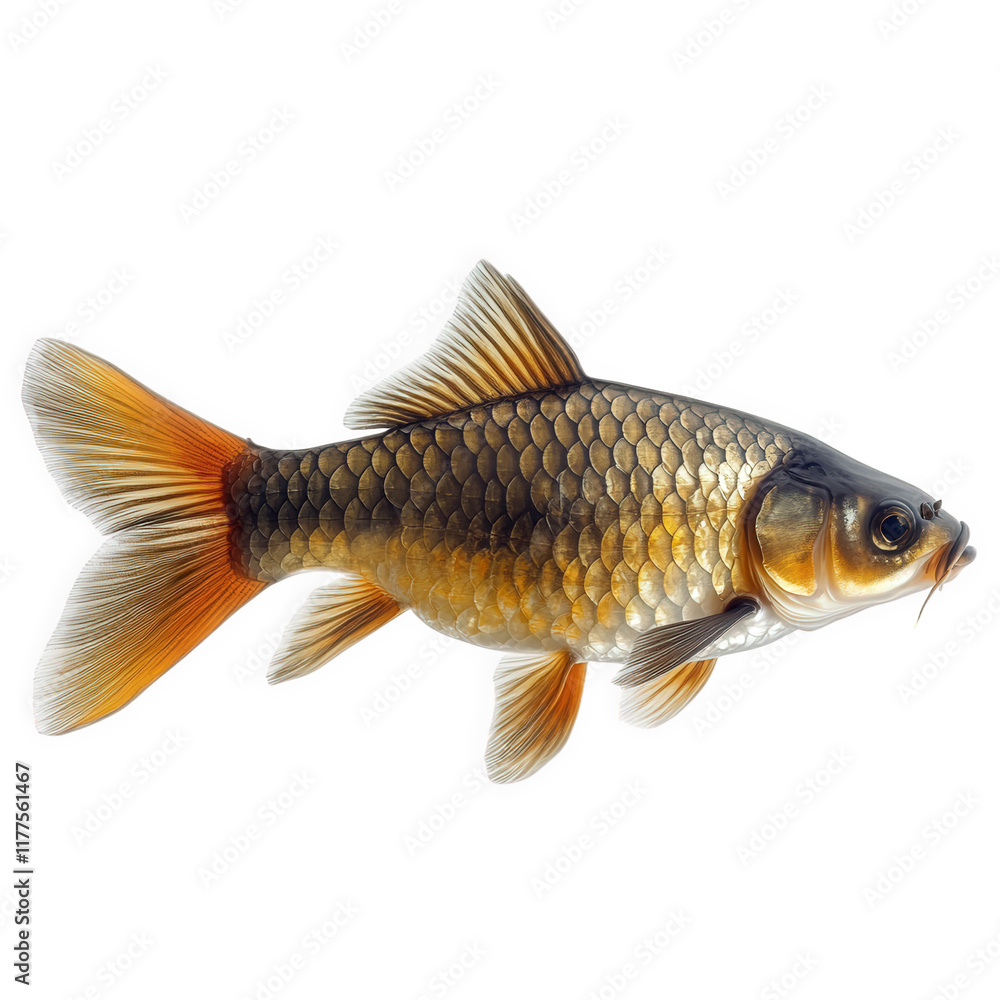 Fototapeta premium detailed. side-view depiction of a goldfish. showcasing its vibrant colors and distinct fin structures against a white background the purpose is to highlight the beauty and intricacies of aquatic life