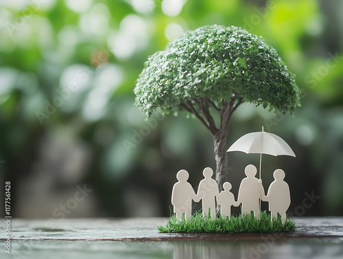 Paper people with umbrella