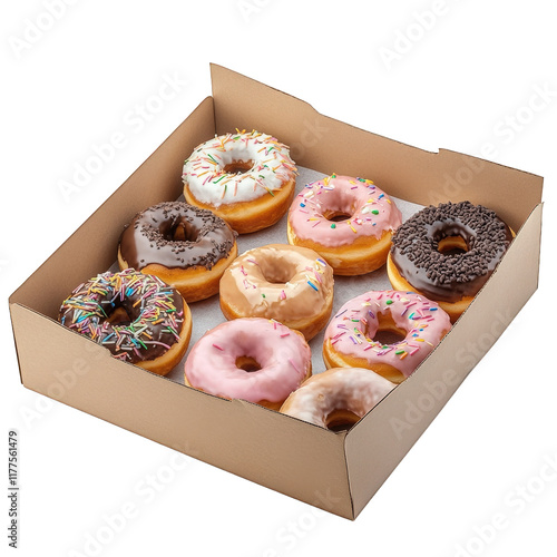 Wallpaper Mural box containing nine assorted donuts. showcasing a variety of toppings and glazes. including chocolate. pink frosting. and sprinkles the presentation suggests a treat for sharing. celebration. or indul Torontodigital.ca