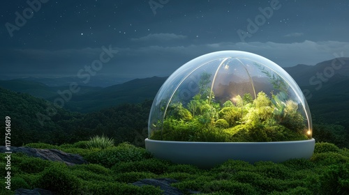 Self-sustaining Ecosystems. A futuristic glass dome habitat surrounded by lush greenery under a starry night sky.