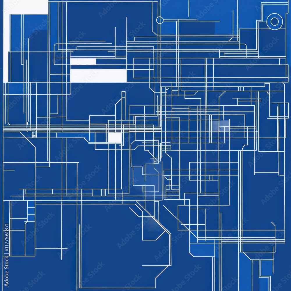 Abstract blue blueprint design with intricate white line patterns and circuit-like structures. Abstract blue blueprint design with intricate white line patterns and circuit-like structures.
