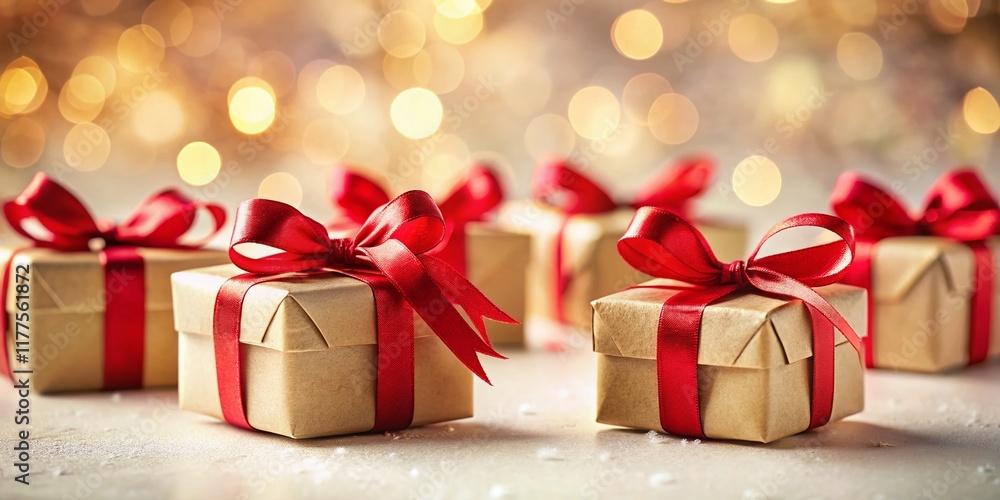 Miniature Holiday Gift Boxes with Red Ribbons - Festive Gift Packaging Stock Photo Miniature Holiday Gift Boxes with Red Ribbons - Festive Gift Packaging Stock Photo