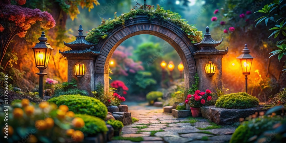 Obraz premium Miniature Mystic Garden: Intricate Archway with Glowing Lanterns
