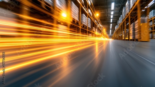 Motion Blur Effect in Warehouse with Orange Lighting and Storage Racks in Background