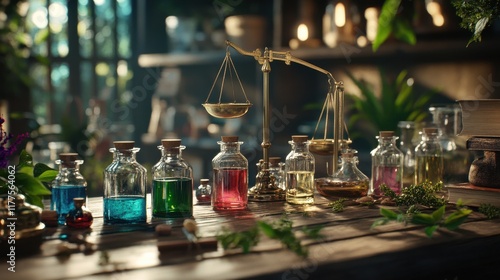 Colorful potion bottles arranged on a rustic table in a mystical apothecary filled with plants and natural light.