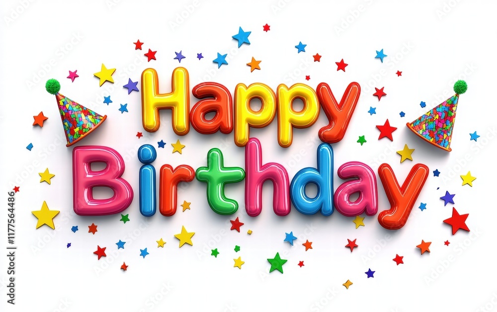 Colorful Happy Birthday in block letters on a white background with mini party hats and stars Colorful Happy Birthday in block letters on a white background with mini party hats and stars