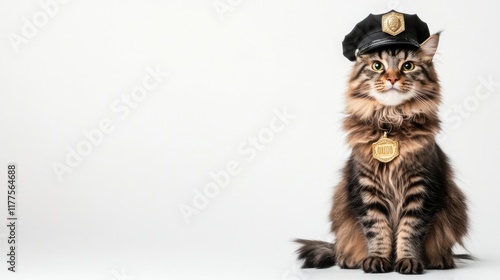 Maine Coon cat in police hat holds badge on white background perfect for branding