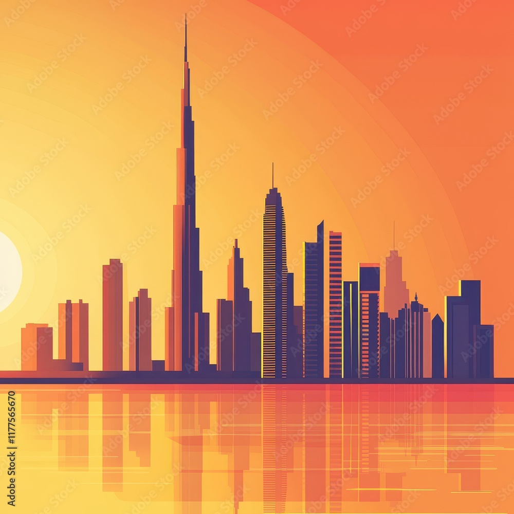 Obraz premium Stunning sunset over a vibrant city skyline featuring towering skyscrapers and reflective waters.