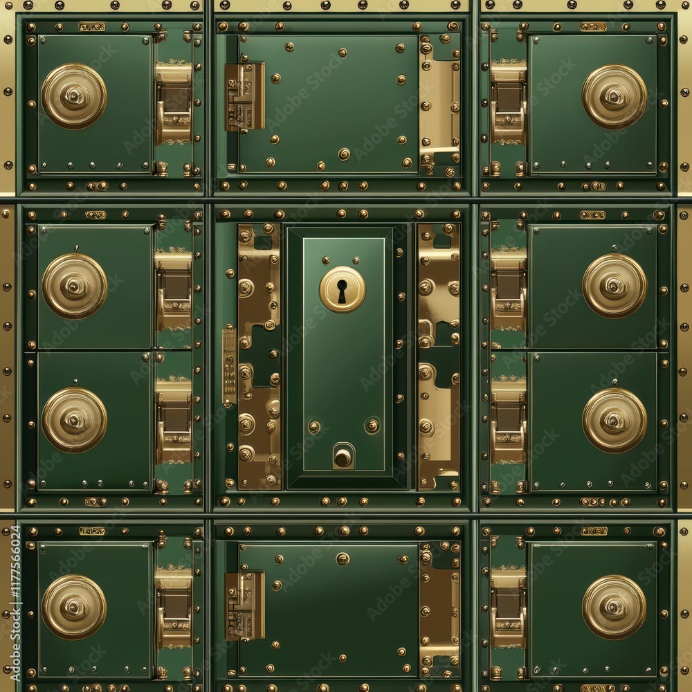Obraz premium A detailed view of antique safety deposit boxes with intricate designs and a central lock, exuding vintage elegance.