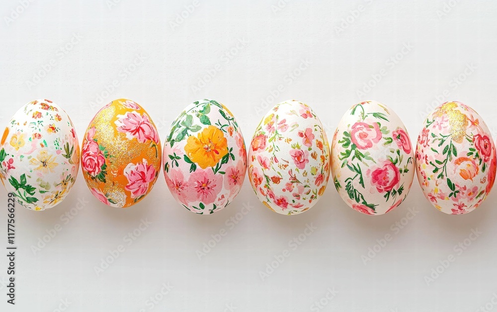 Decorated Easter eggs with floral patterns and glitter accents on a clean white background Decorated Easter eggs with floral patterns and glitter accents on a clean white background