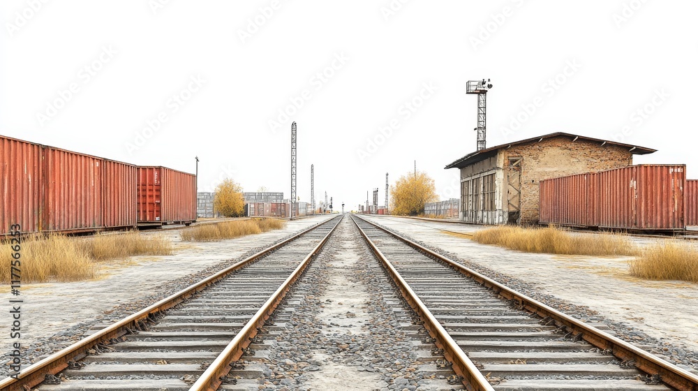Fototapeta premium Industrial Railway Scene with Train Station and Cargo Containers Unloading on Narrow Access Road, Photorealistic White Background View