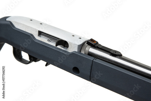 A small semi-automatic takedown rifle chambered in .22lr, featuring a sleek design with a black synthetic stock and stainless steel barrel photo