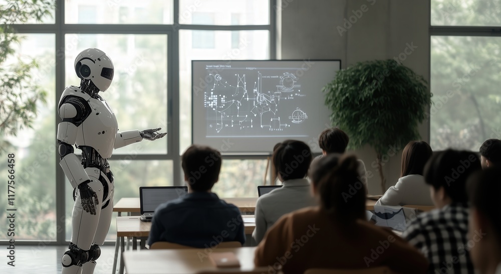 A futuristic 2030 classroom where a humanoid robot teaches students, blending technology and education in a seamless learning experience. Created using generative AI