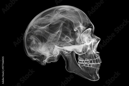 A frightening skull materializes from a puff of smoke, embodying the Halloween theme photo