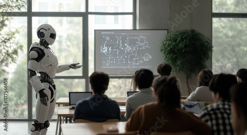 Obraz na płótnie A futuristic 2030 classroom where a humanoid robot teaches students, blending technology and education in a seamless learning experience. Created using generative AI w salonie