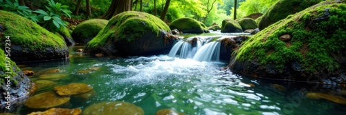 Crystal clear water tumbles over moss-covered rocks, lush foliage surrounds, trees, vibrant, photo