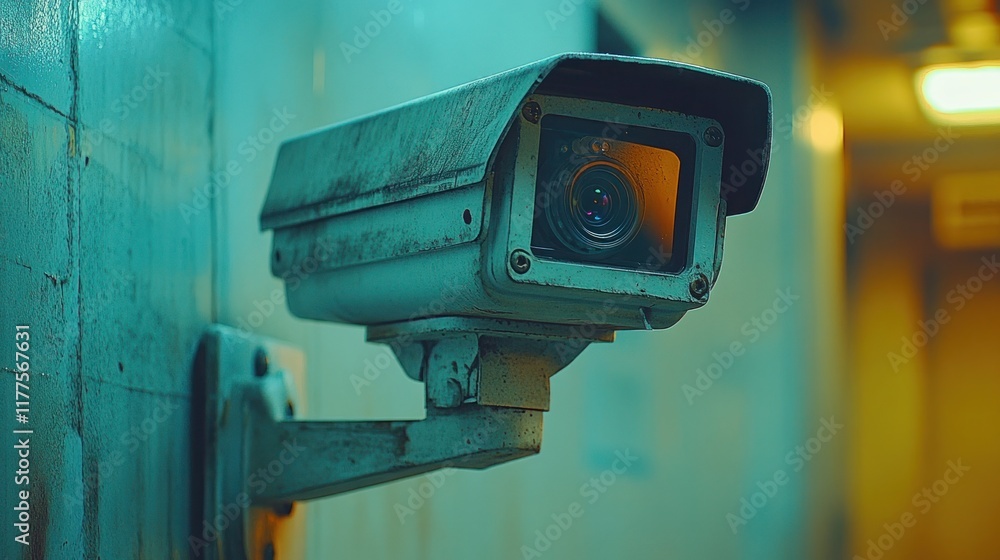 Rusty surveillance camera mounted on a wall in a dimly lit corridor. Rusty surveillance camera mounted on a wall in a dimly lit corridor.