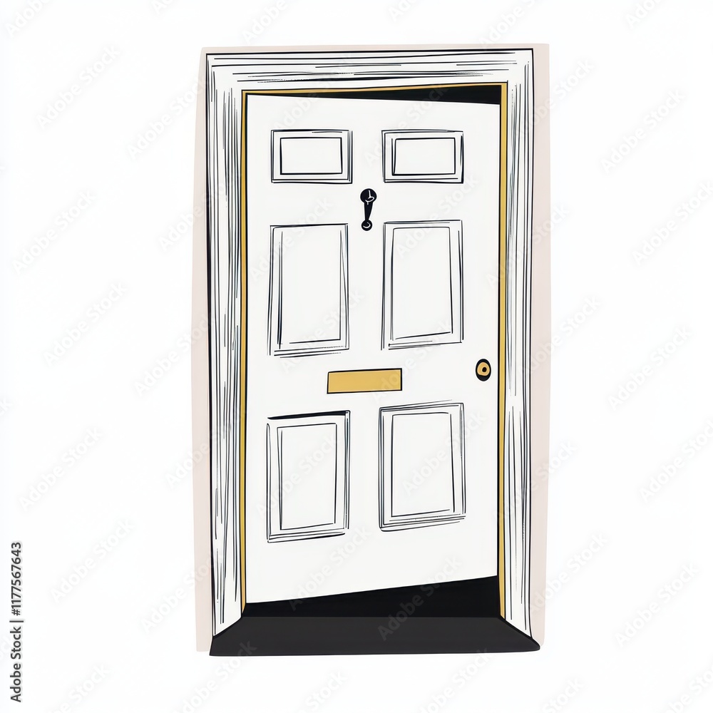 An illustration of a classic white door with gold accents and a keyhole, exuding a welcoming charm. An illustration of a classic white door with gold accents and a keyhole, exuding a welcoming charm.