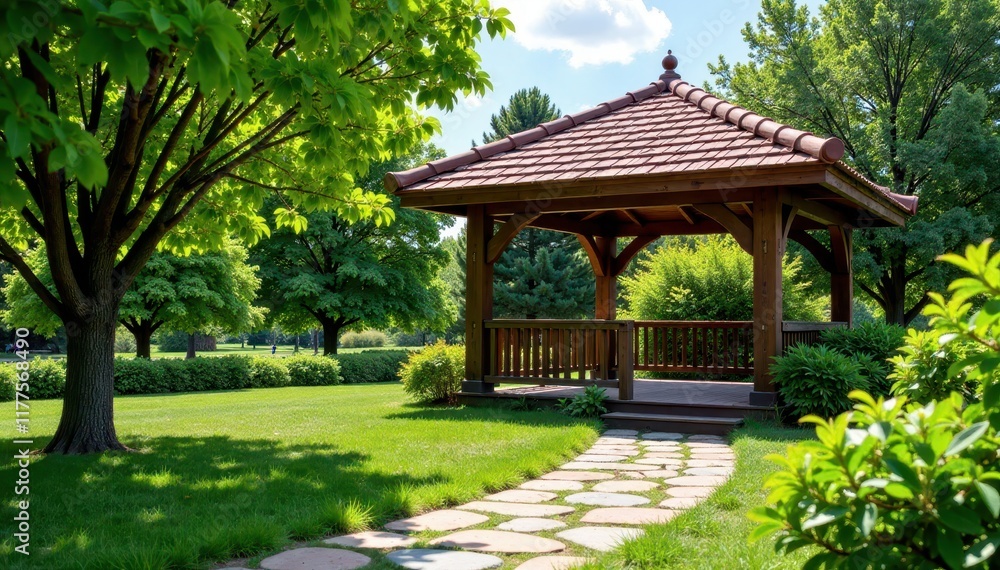 Rustic wooden gazebo, gabion walls, stone path, garden, rustic, flowers Rustic wooden gazebo, gabion walls, stone path, garden, rustic, flowers