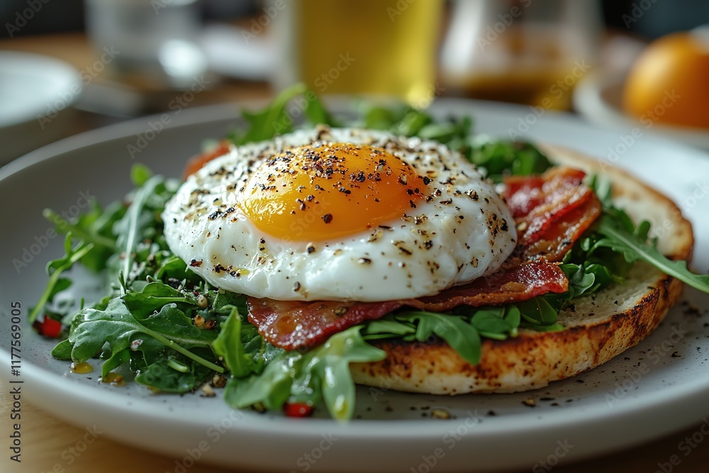 Fried egg and bacon on toasted bread with greens. Fried egg and bacon on toasted bread with greens.