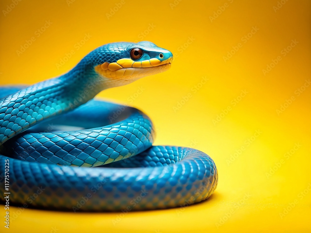 Fototapeta premium Minimalist Blue & Yellow Snake on Vibrant Yellow Background - Creative Design Stock Photo