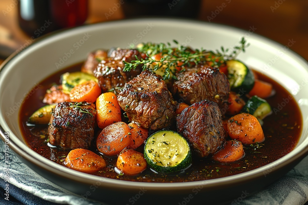 Hearty beef stew with carrots and zucchini. A delicious and comforting meal. Hearty beef stew with carrots and zucchini. A delicious and comforting meal.