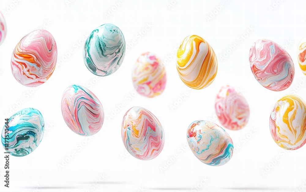 Fototapeta premium Floating marbled Easter eggs in pastel tones, isolated on a bright white background