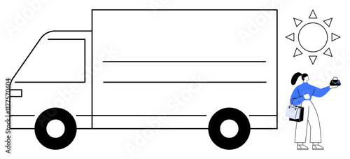 Delivery truck parked with courier handing package to recipient under sun. Ideal for logistics, e-commerce, shipping, contactless delivery, transportation, online shopping, courier services. Abstract