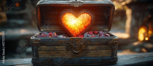 A charming treasure chest reveals glowing heart surrounded by colorful gems, evoking feelings of love and warmth