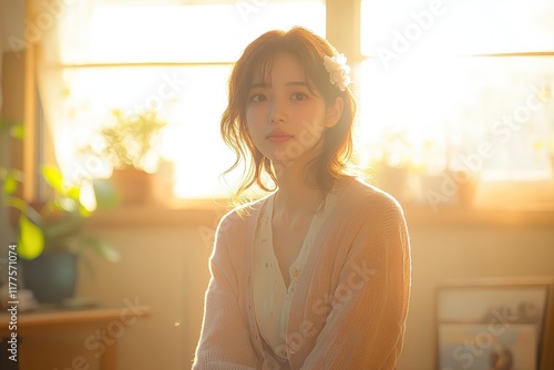 Young Asian woman in pastel cardigan and midi skirt with braided hair photo