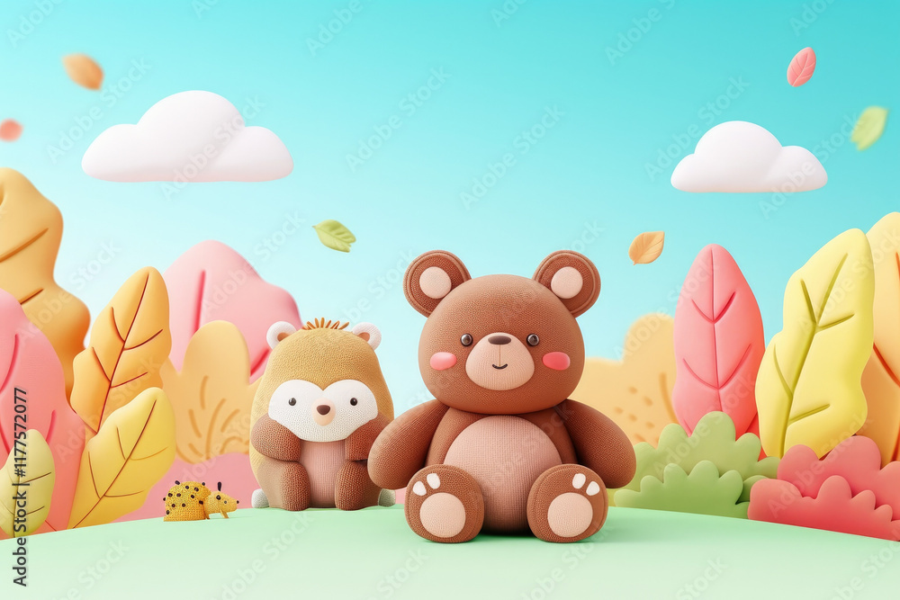 Cute bear and hedgehog characters in colorful autumn landscape Cute bear and hedgehog characters in colorful autumn landscape