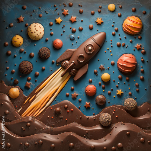A playful chocolate-themed space scene, featuring a chocolate rocket ship flying through a galaxy of chocolate planets and stars, with chocolate meteorites zooming past, all set against a backdrop of 